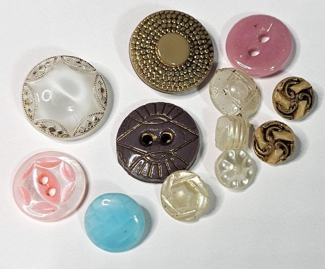 Vtg 12 Buttons Glass Czech Lot Blue Pink White Tan Glass Facet Antique Germany