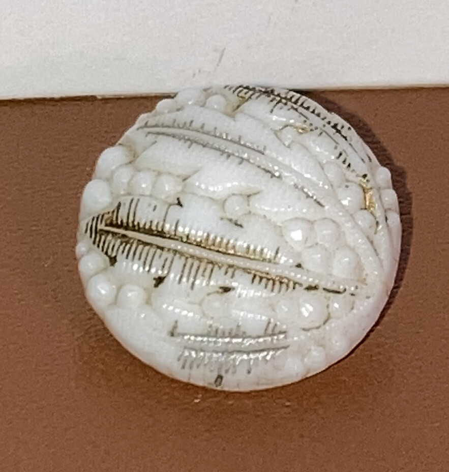 Antique White Glass Button Gold Foil Geometric Relief Metal Birdcage Shank 1/2″