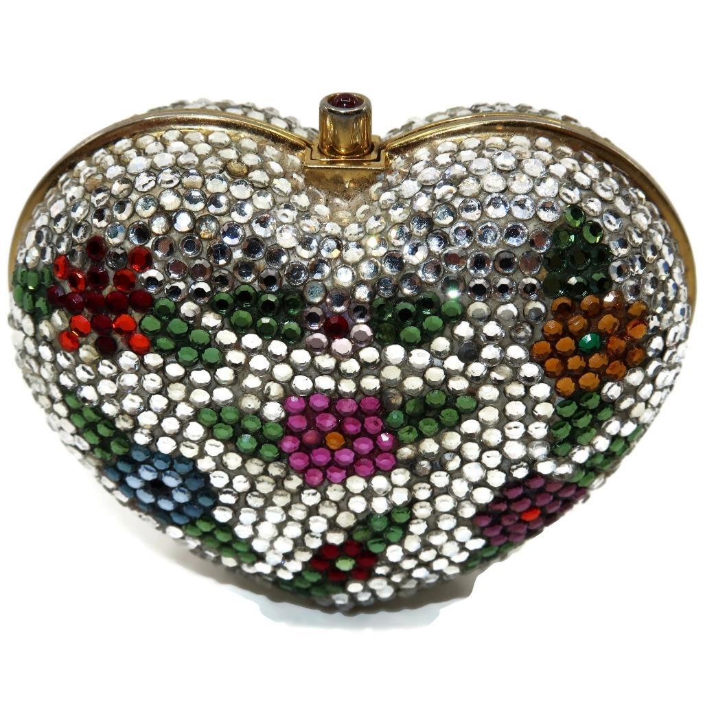 Judith Leiber Italy Crystal Gold-Plated Sterling Heart Pill Ring Trinket Box, 2″