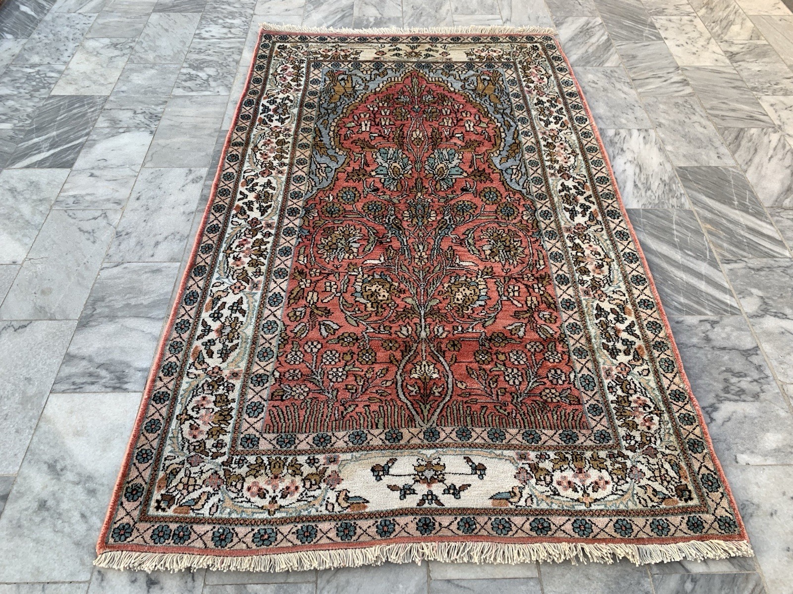 COLLECTORS PIECE Vintage Pure Natural Silk Turkish Tree of Life Pictorial Carpet