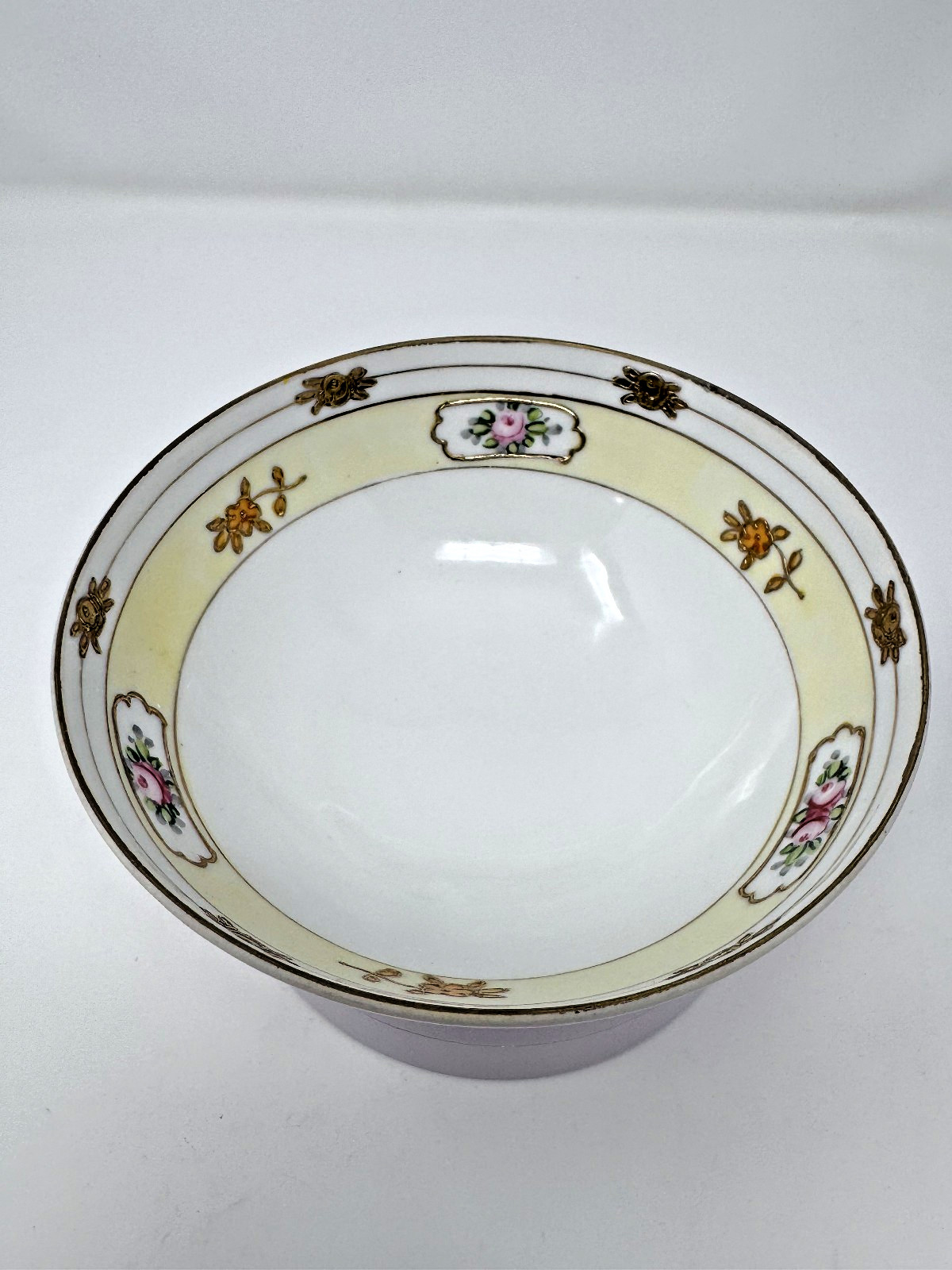 Antique Nippon Footed Bowl Hand Painted Pink Roses Gold Moriage Green Crown Mark