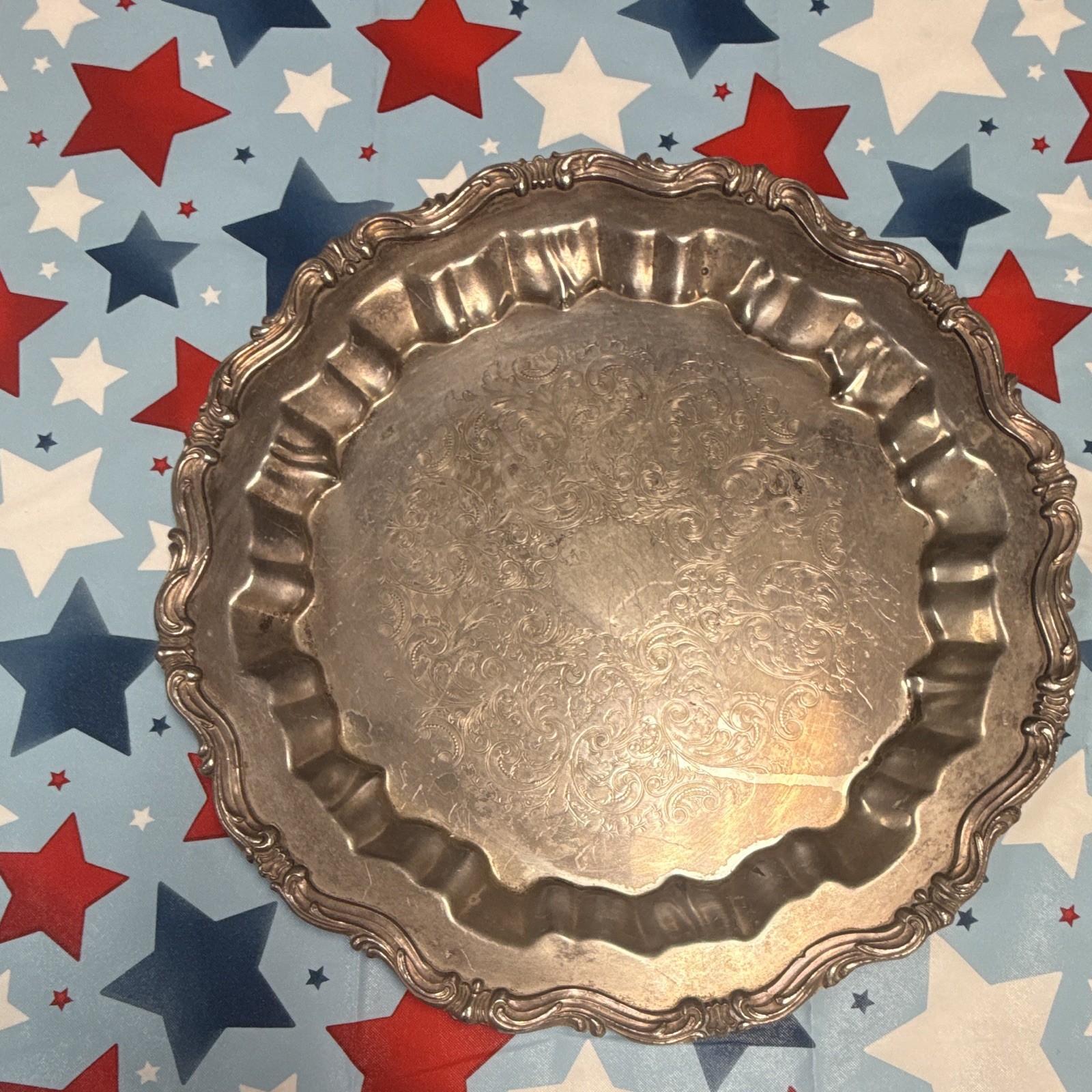 Silverplate Round Serving Tray Platter Baroque Rococo, Ornate Scalloped Edge