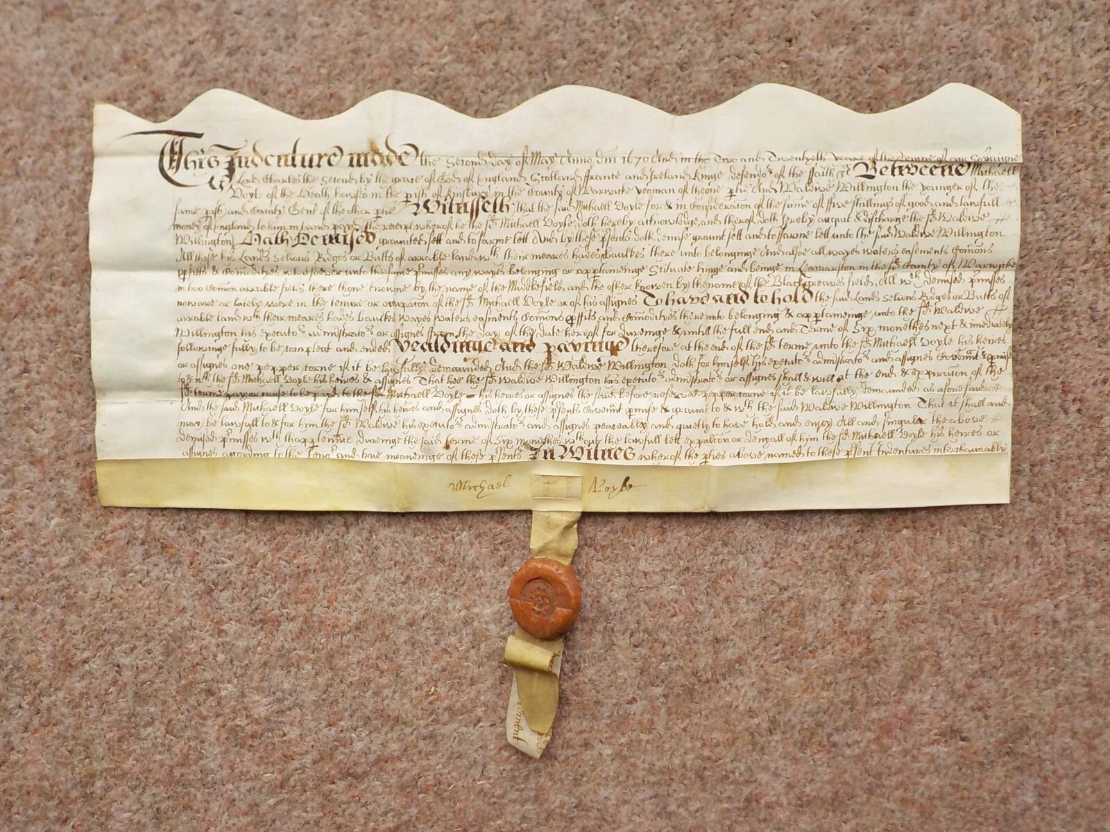 1670 Lea Marston Warwickshire 17th century Indenture Calligraphy nice wax seal