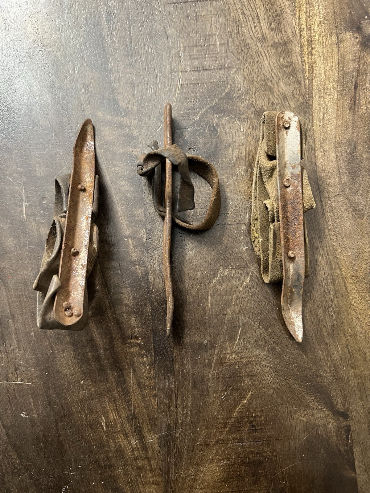 Three (3) Antique Corn Husker Shucker, Metal Hand Leather Handle Farm Tool