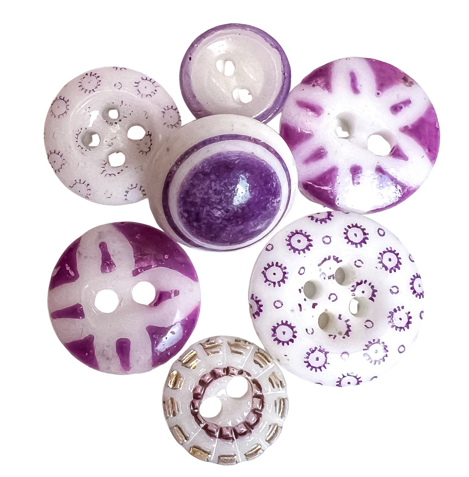 Antique China Buttons Lot Calico Purple Lilac Lavender White Stencil Bullseye +