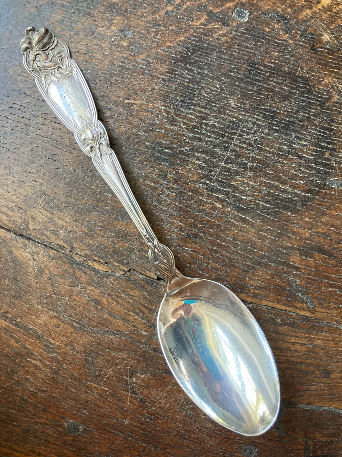 Antique Sterling ALVIN FLEUR de LIS 1907 Serving Spoon FLORAL LILY ORNATE Mono