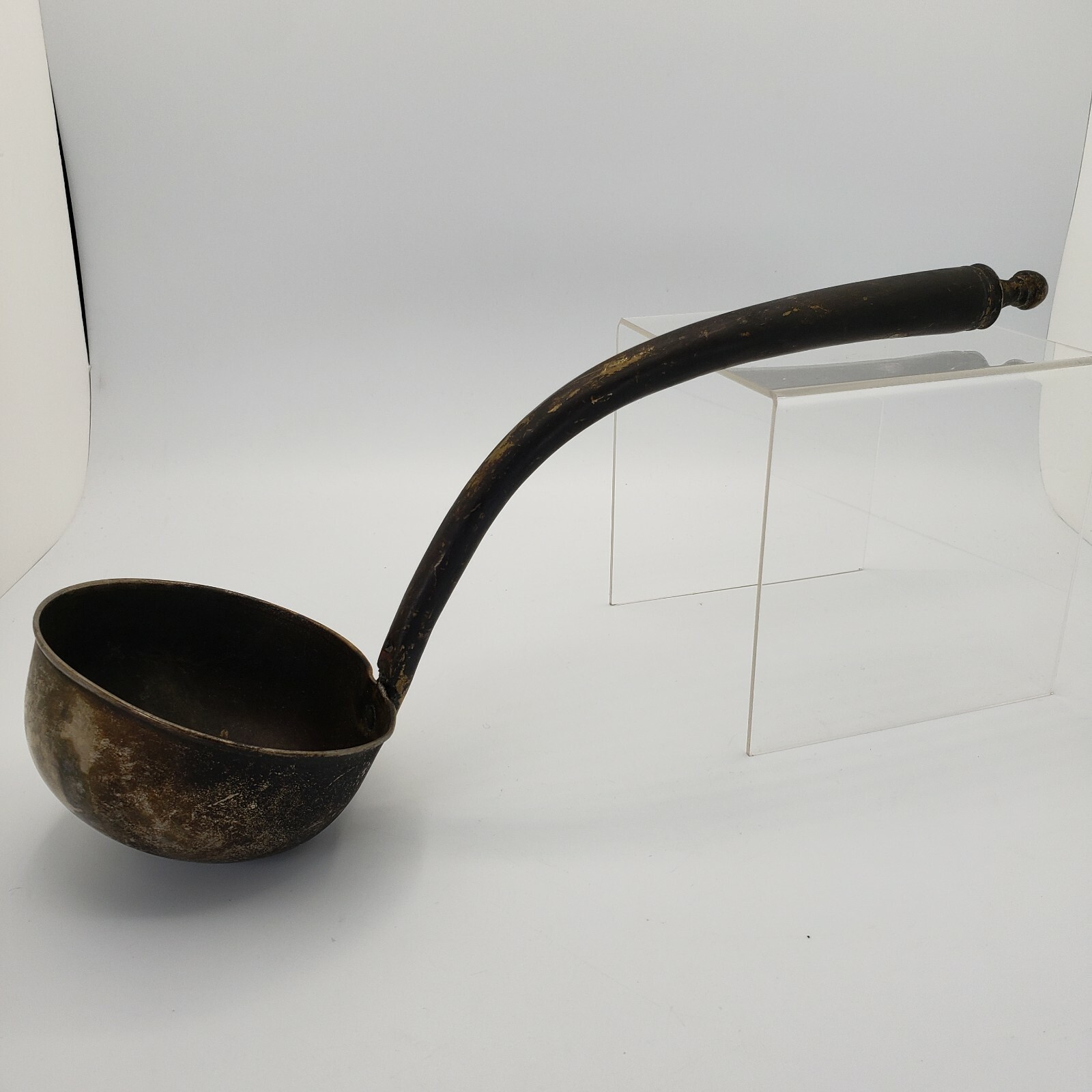 Antique 14 Inch Brass / Aluminum Laddle, Campfire Cooking Utensil With Petina
