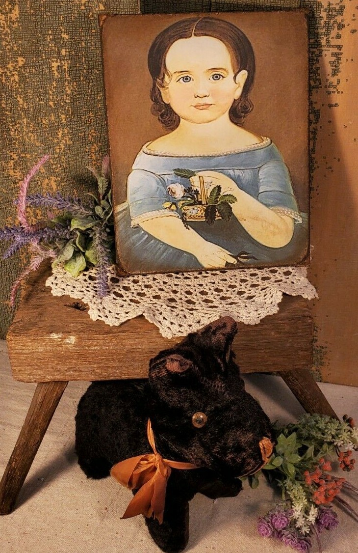 SWEET FOLK ART VICTORIAN VINTAGE STYLE GIRL FLOWER BASKET PORTRAIT CANVAS