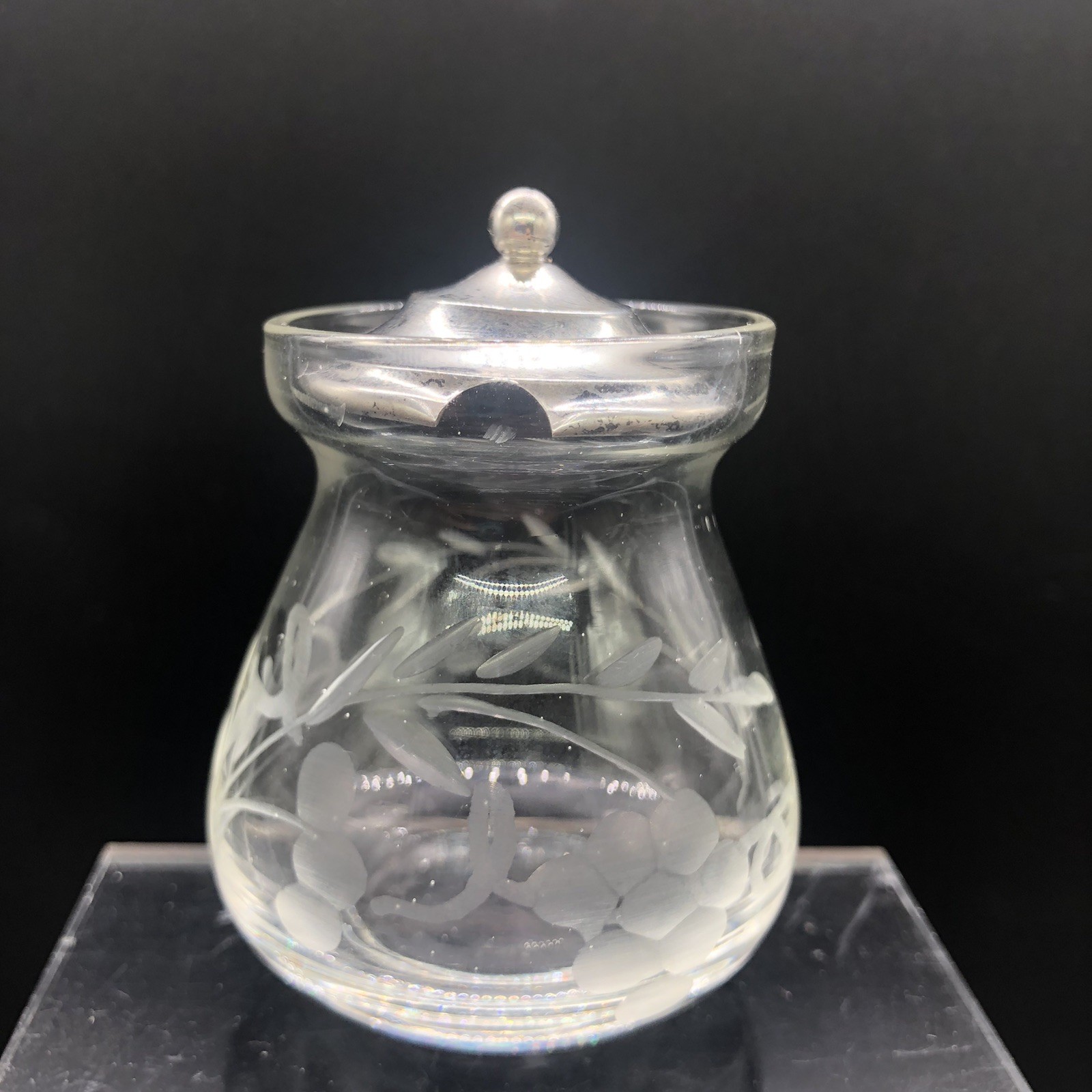 Antique Webster Sterling Silver Lid Glass Etched Mustard Condiment Jar Pot 2.25″