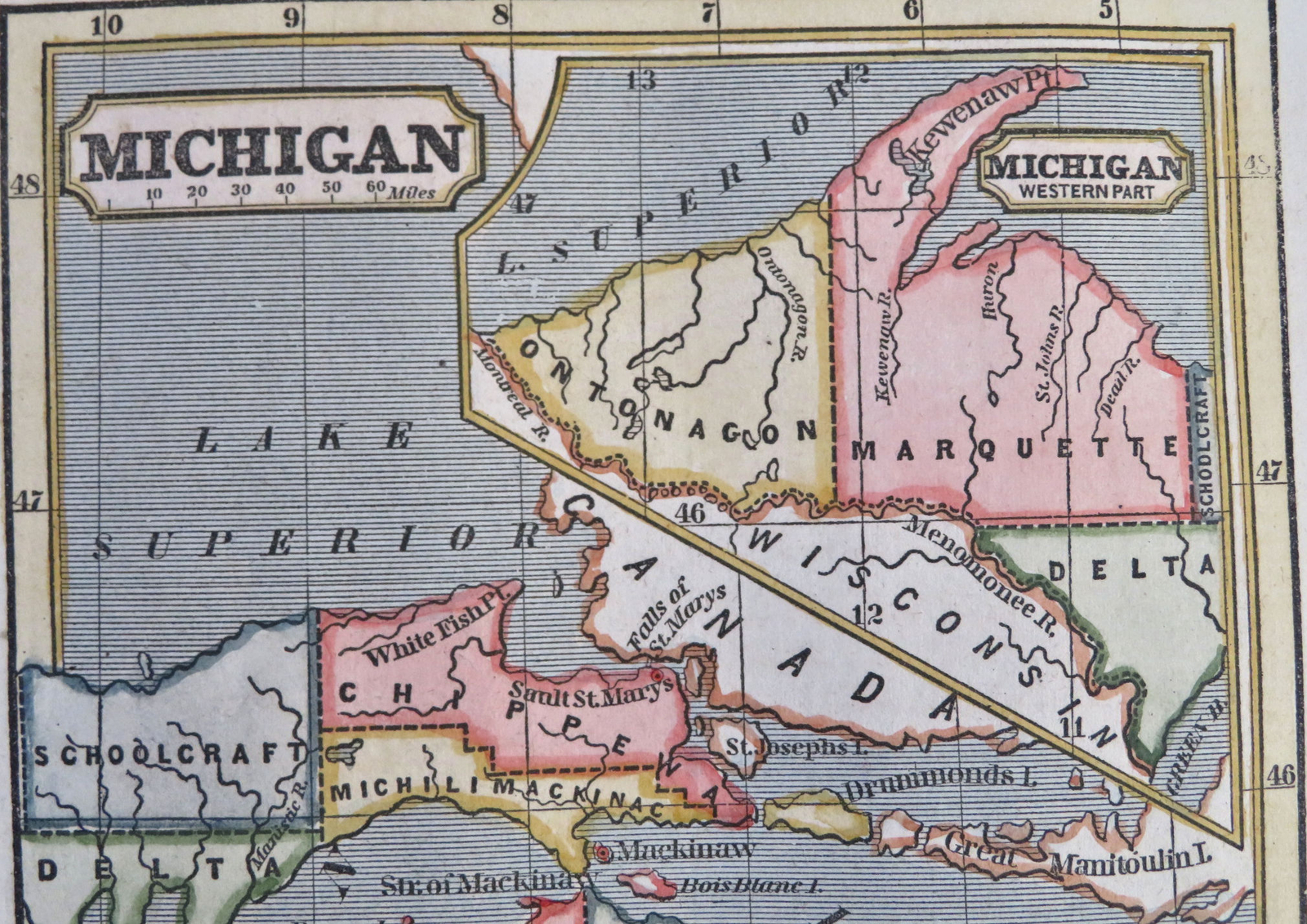 Michigan state by itself 1853 scarce hand colored miniature map
