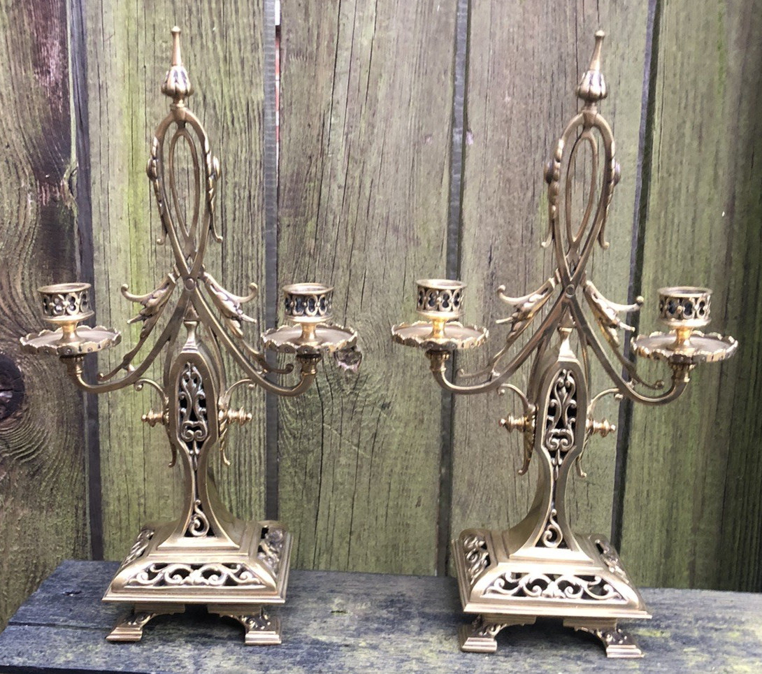 Candlesticks Antique Victorian Brass Gothic 13″ candelabra Aesthetic movement
