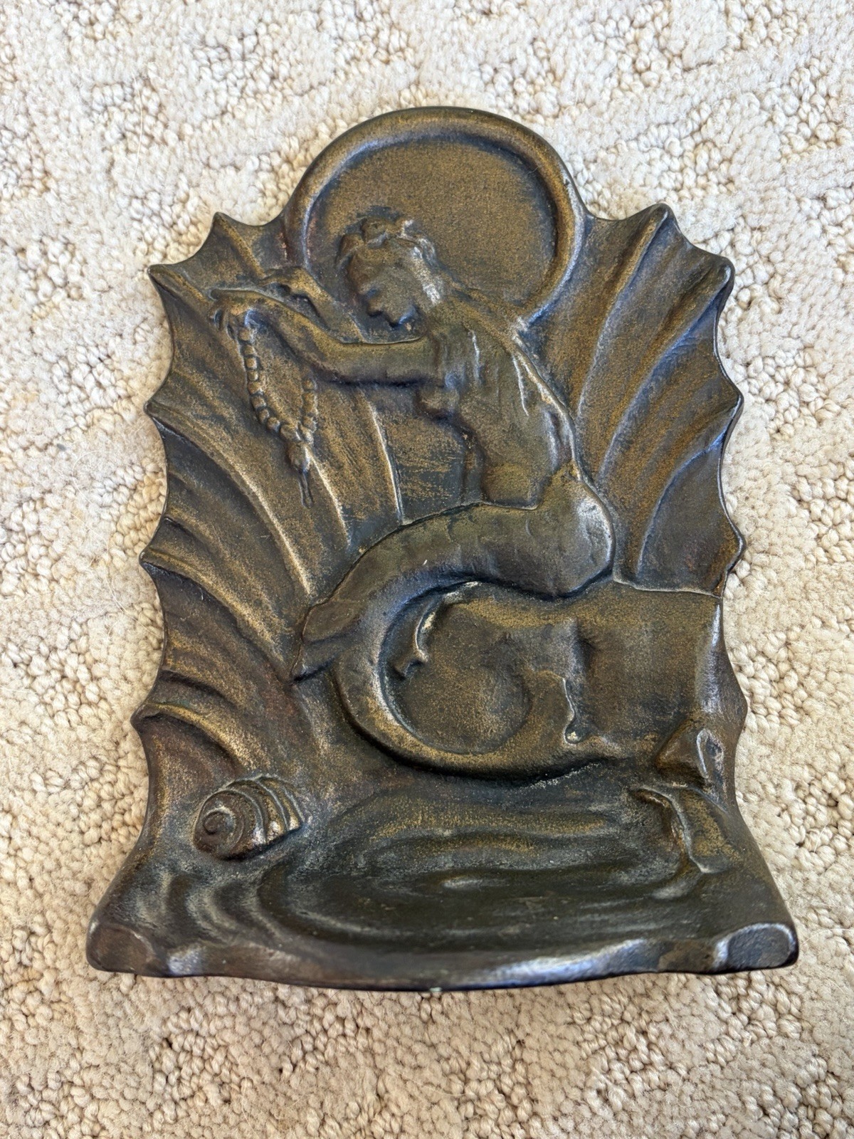 Art Nouveau Antique? Cast Iron Mermaid Bookend- Doorstop- Pearl Necklace