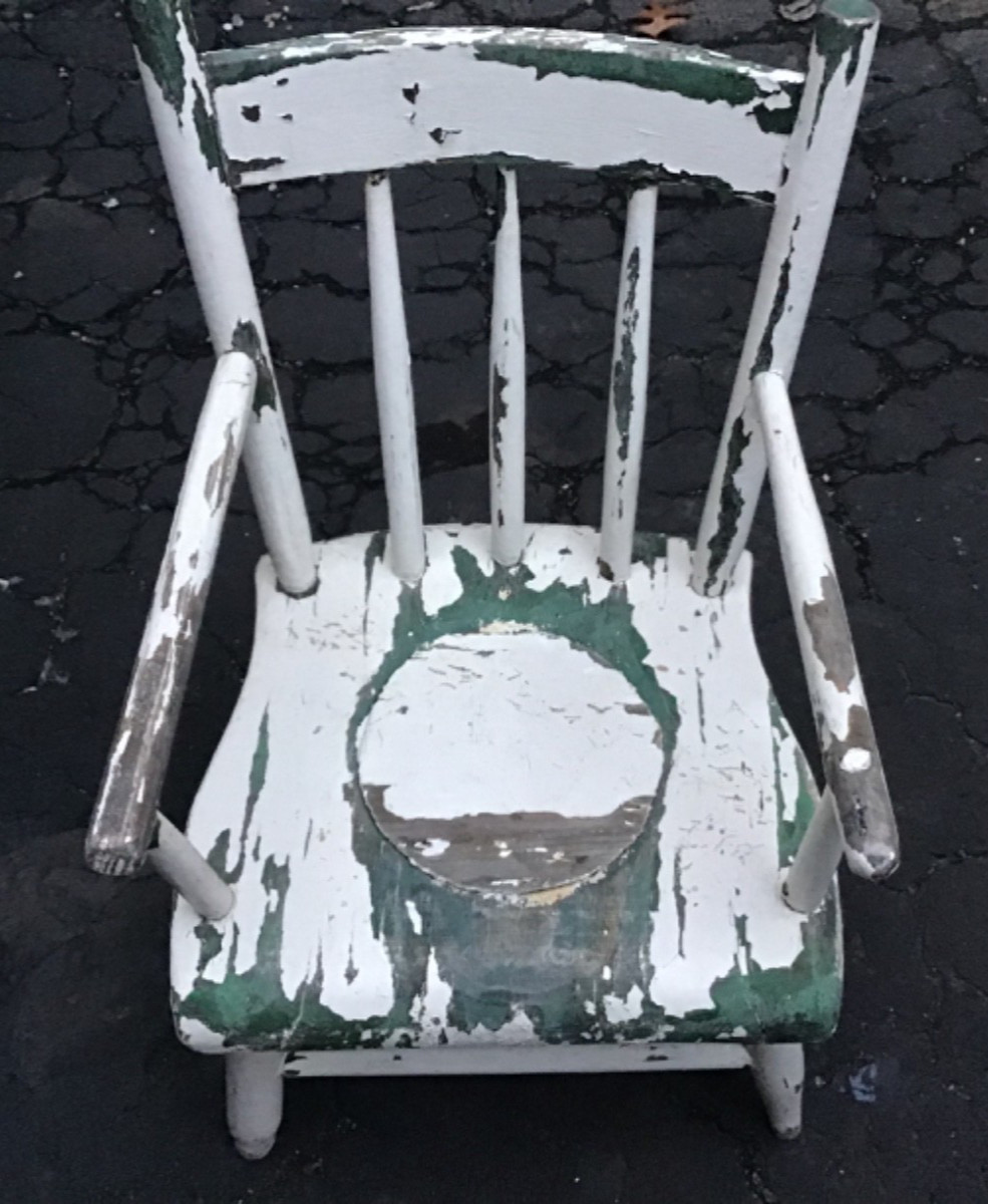 Rare Old Antique Shabby Chic Chair~Original Green Paint Under Chip White Finish