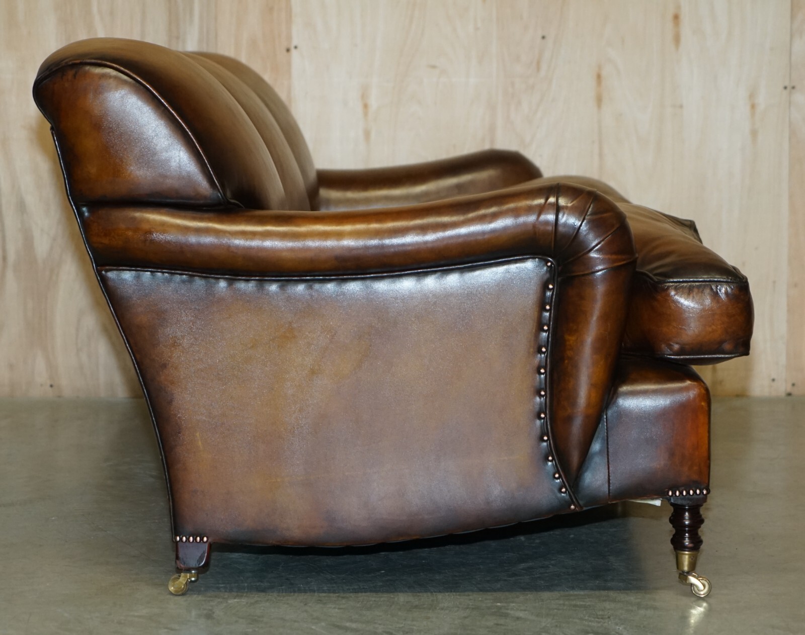 1 OF 2 LARGE GEORGE SMITH HOWARD & SON’S BROWN LEATHER SIGNATURE SCROLL ARM SOFA