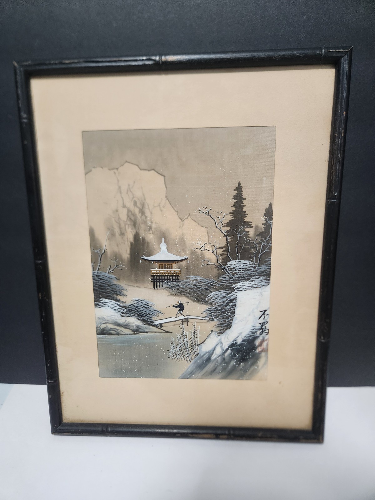 JAPANESE VINTAGE SILK WATERCOLOR TEMPLE WINTER LANDSCAPE PAINTING SIGNED FRAMED