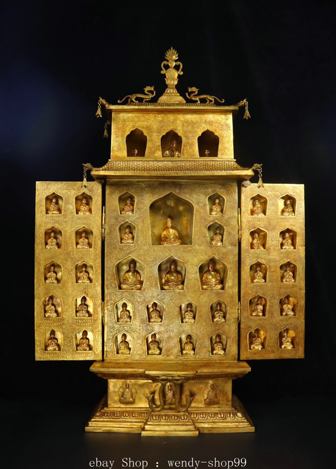Copper 24 K Gold Gilt Shakyamuni Amitabha Buddha Collect Fo Kan Shrines Box Set