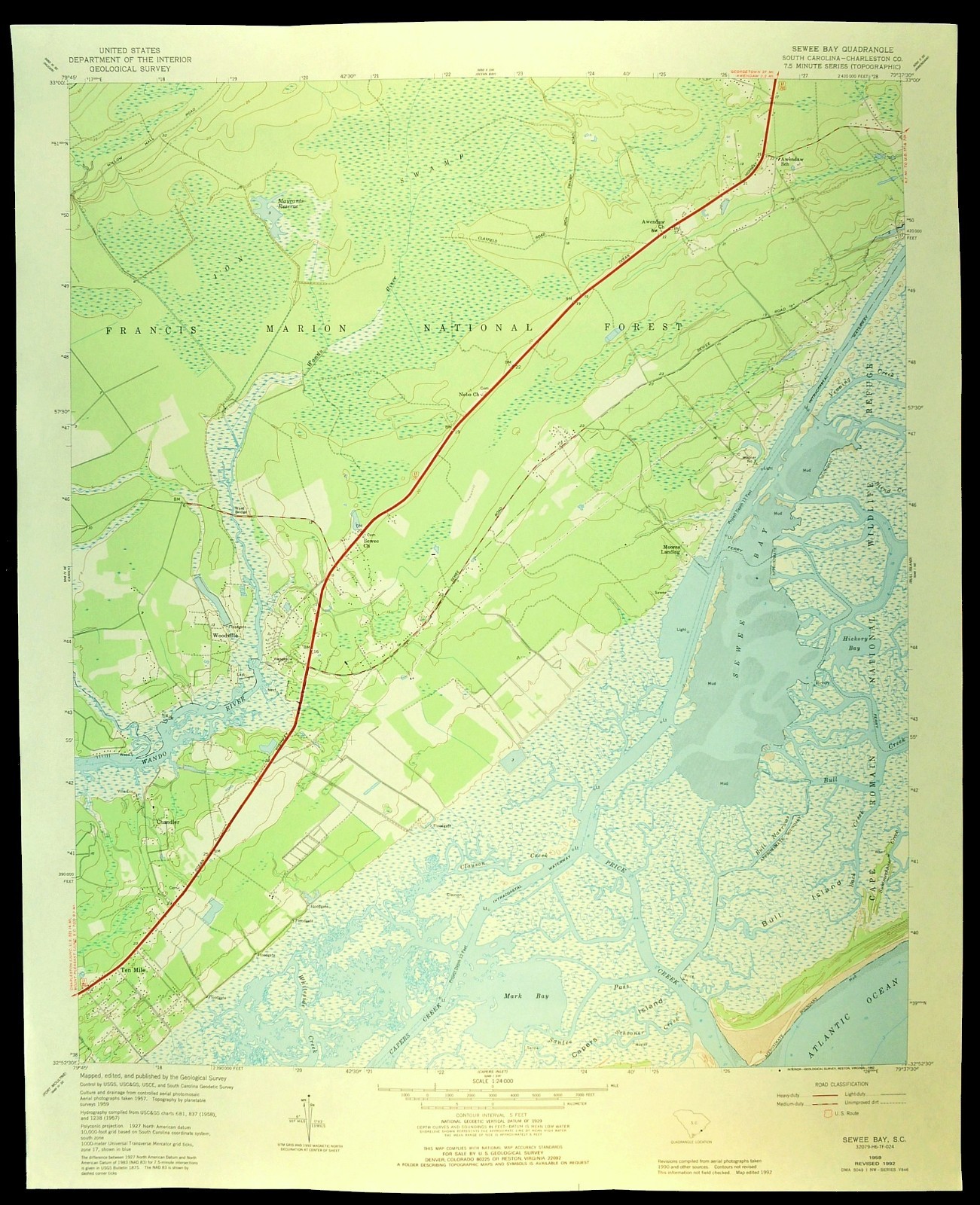 Vintage Sewee Bay Map Ten Mile South Carolina Woodville Ion Swamp Moores Landing