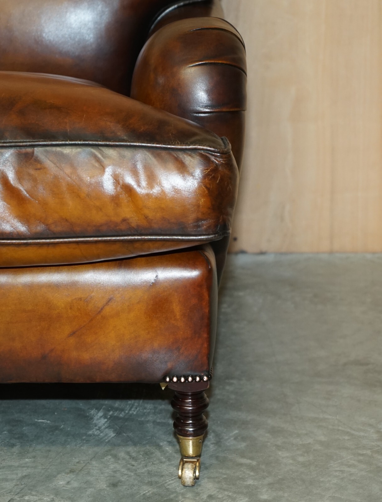 1 OF 2 LARGE GEORGE SMITH HOWARD & SON’S BROWN LEATHER SIGNATURE SCROLL ARM SOFA