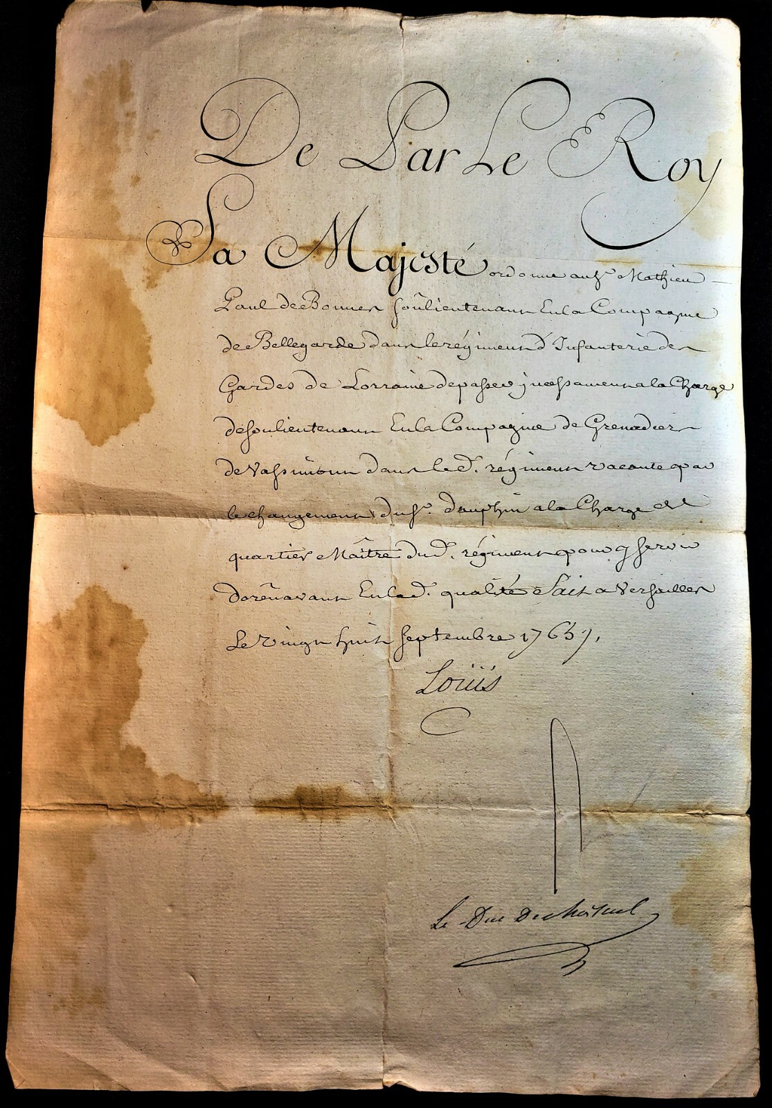 KING LOUIS XV AUTOGRAPH – CHARGE OF SUB LEUTENANT MATHIEU PAUL DE BONNER – 1765