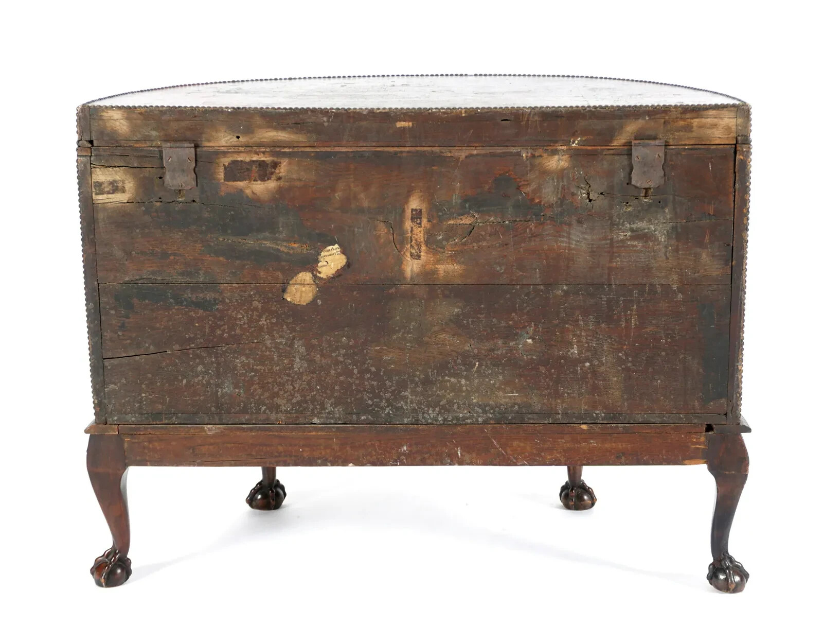 Antique Demilune Chest, Paint Decorated Scenes, Clad Leather, Brass Hand., 1800s