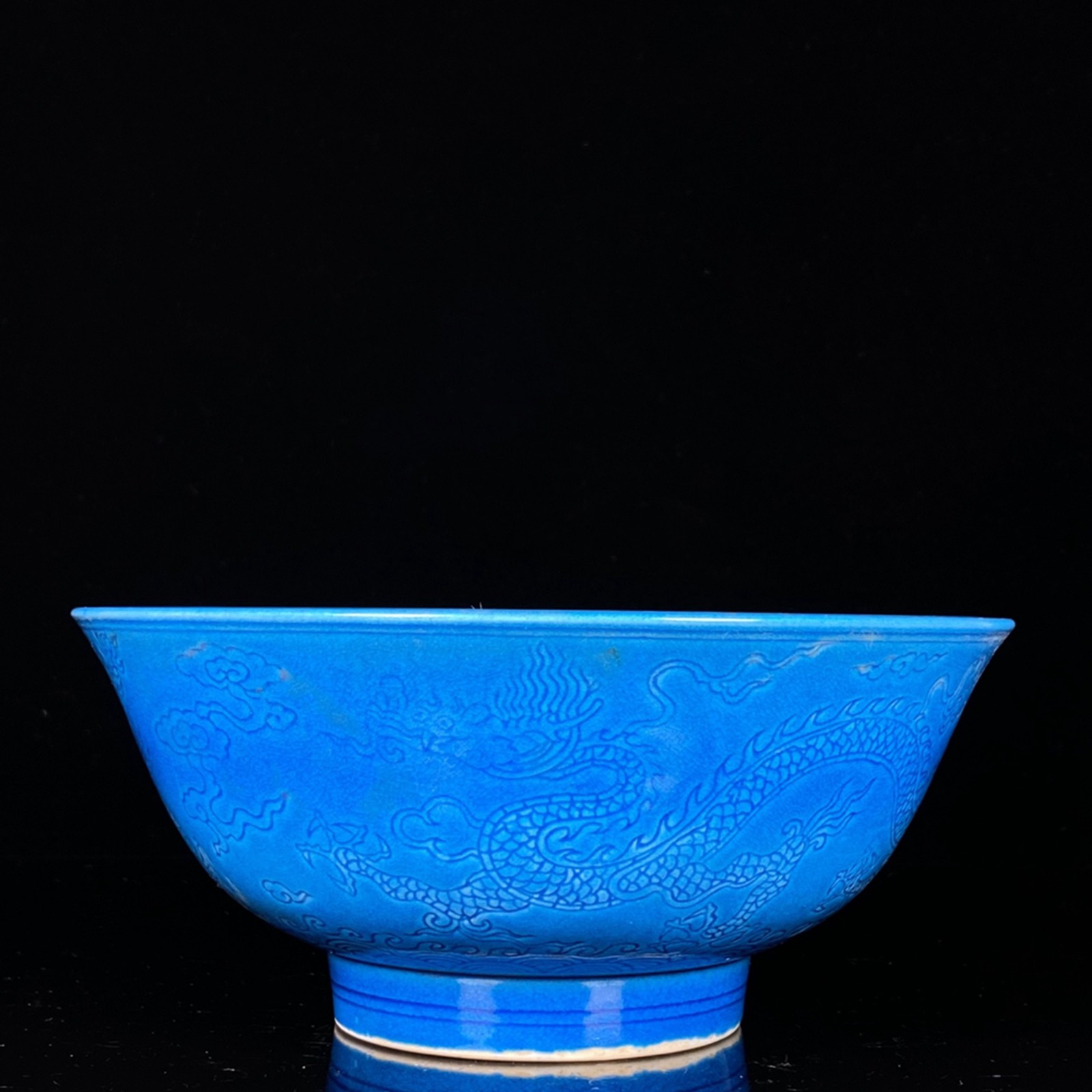 Chinese Blue Glaze Porcelain Handmade Exquisite Dragon Pattern Bowl 111703