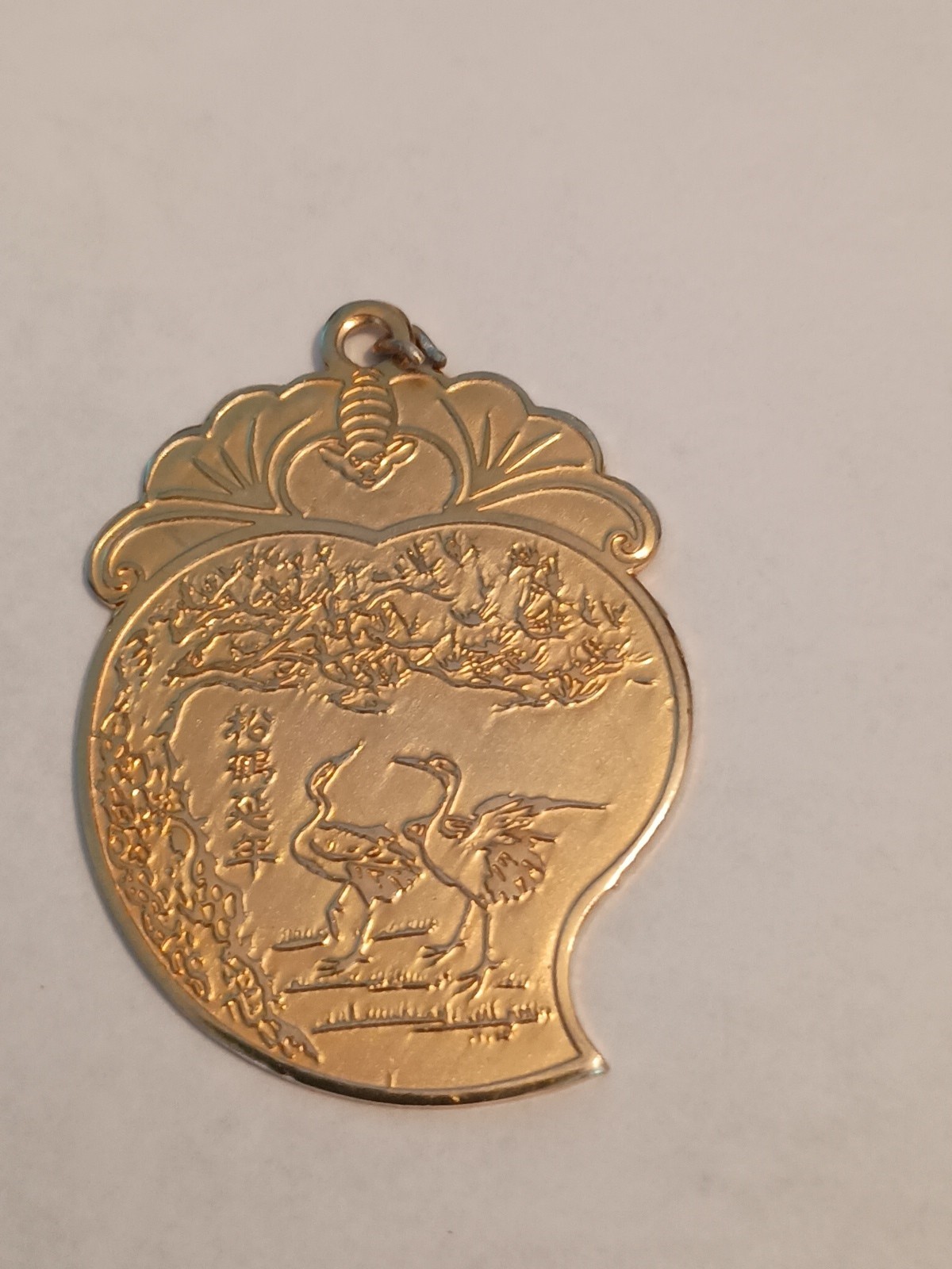 Vintage Chinese Pendant Peach Shape Featuring Two Cranes On The Front And