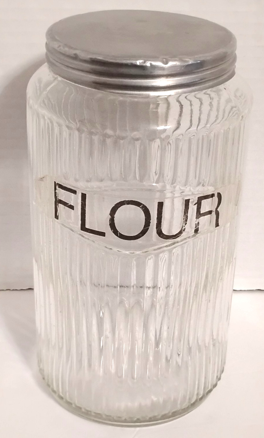 Antique Vertical Ribbed Hoosier Flour Canister With Metal Screw On Lid