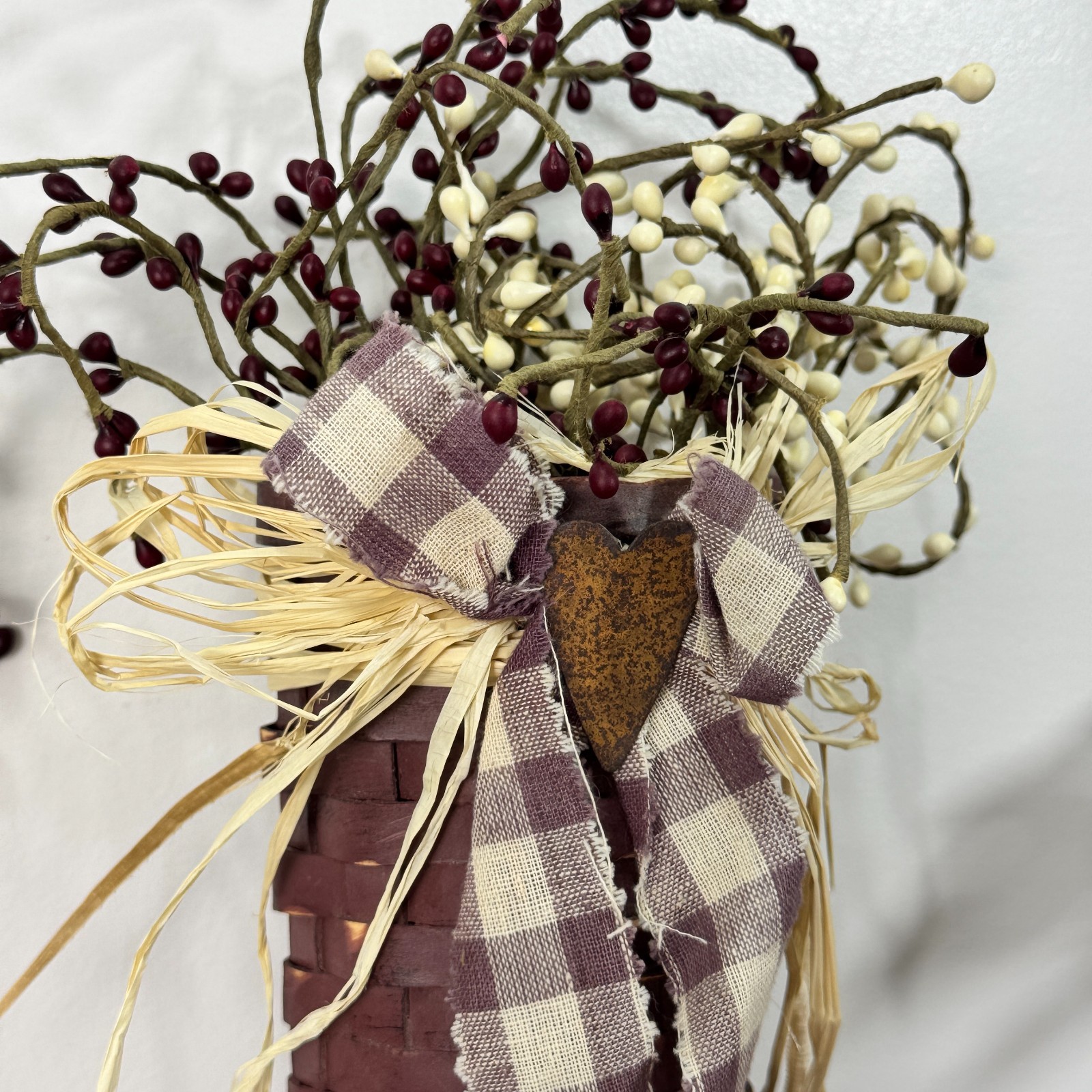 Primitive Decor Dark Red Basket with Berries Rusted Heart