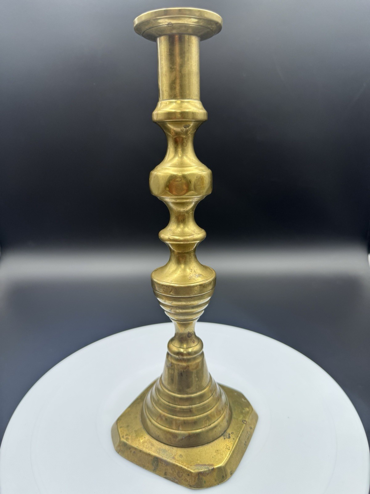 Single Antique “Solid English” Brass Beehive Candlestick 10.5” Tall Push Up