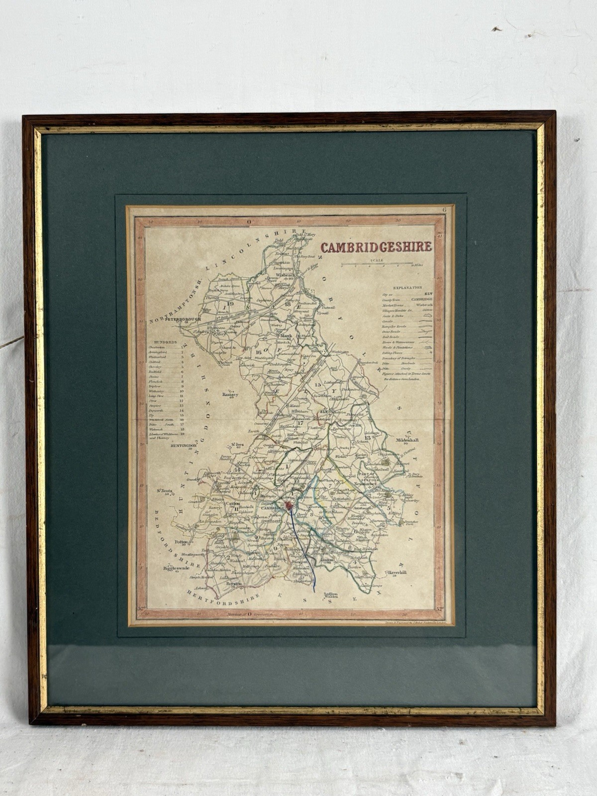 Framed Antique Cambridgeshire Map c.1850 by J. Archer, Pentonville London