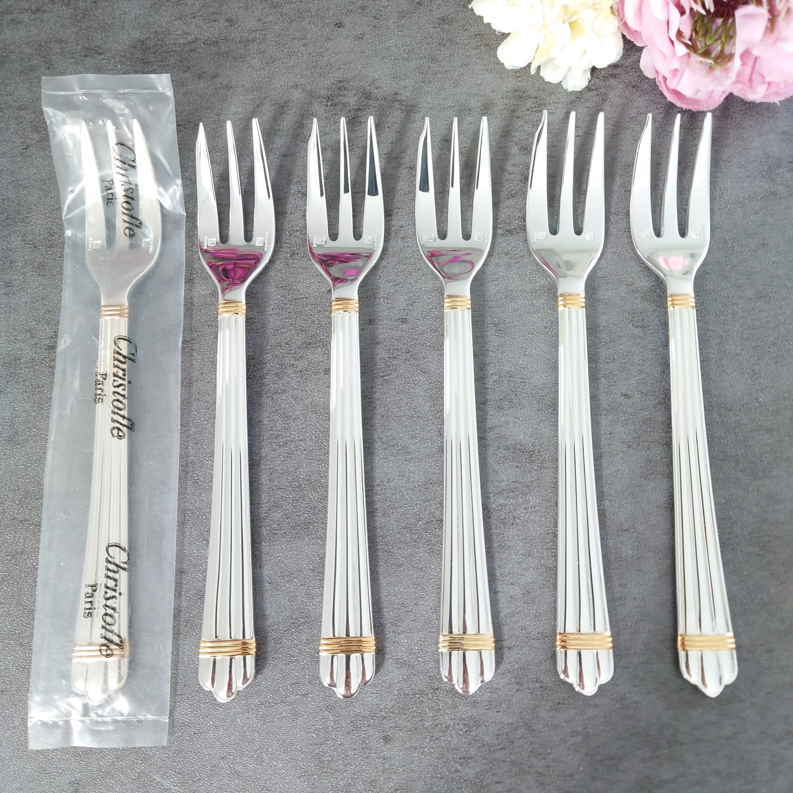 Christofle Aria Goldring Cake Fork 6pcs Silverplate Excellent