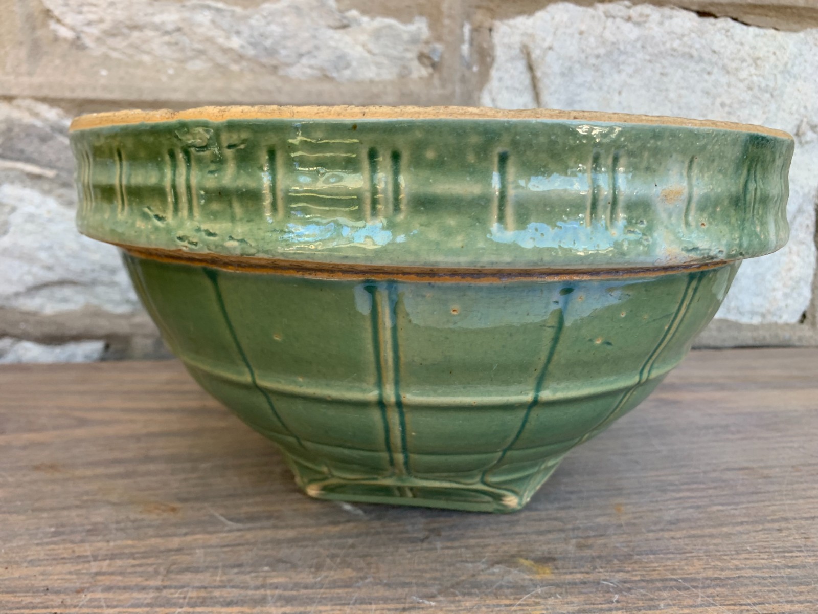 Antique McCoy Window Pane Crock Serving Bowl Green Yellow Ware Pottery 11X6.25″