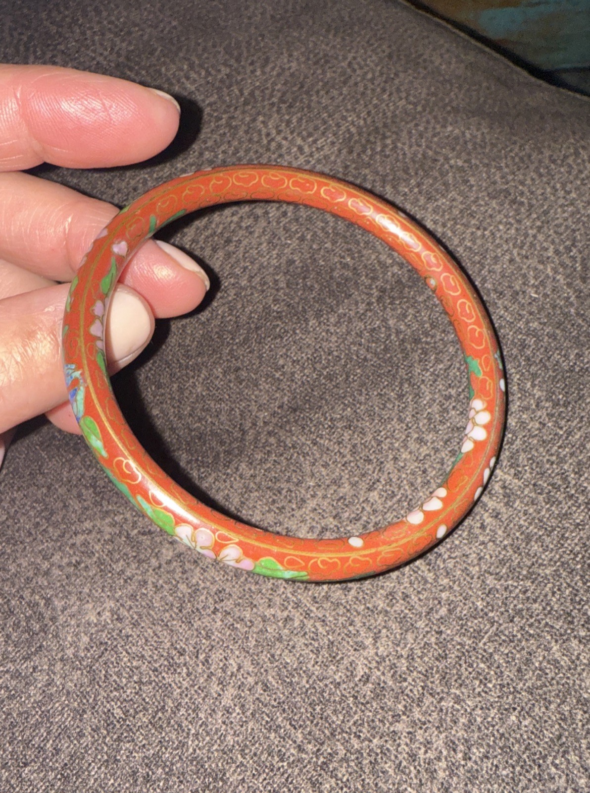 Vtg Real Old Chinese Cloisonné Carved Flower Green Red White Blue Bangle