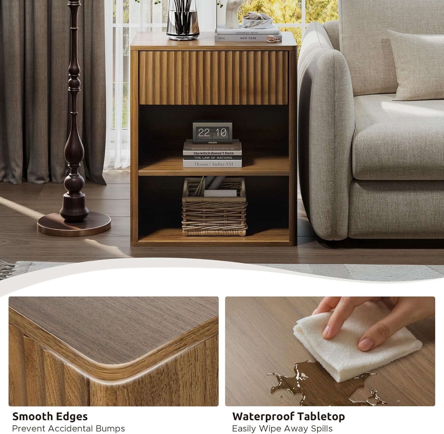 Versatile Large Night Stand with Fluted Drawer for Bedroom & Living Room Use
