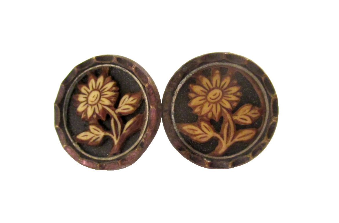 2 Vintage VICTORIAN PICTURE BUTTONS SUNFLOWERS METAL w/METAL SHANKS
