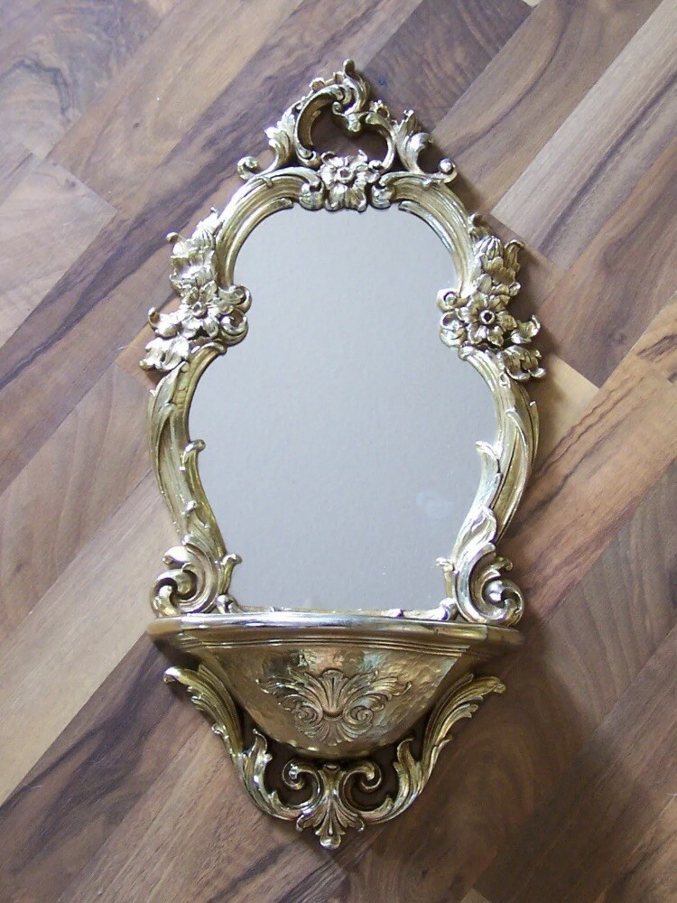 Vintage Gold Syroco Hollywood Regency Mirror | Gilded Age | Floral Wall Shelf