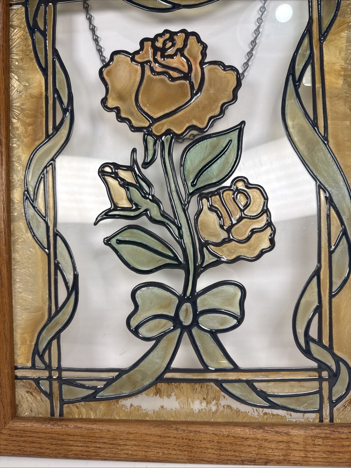 VTG Stained Glass Window Panel Hand painted Rose Flower Sun Catcher Wood 18×14