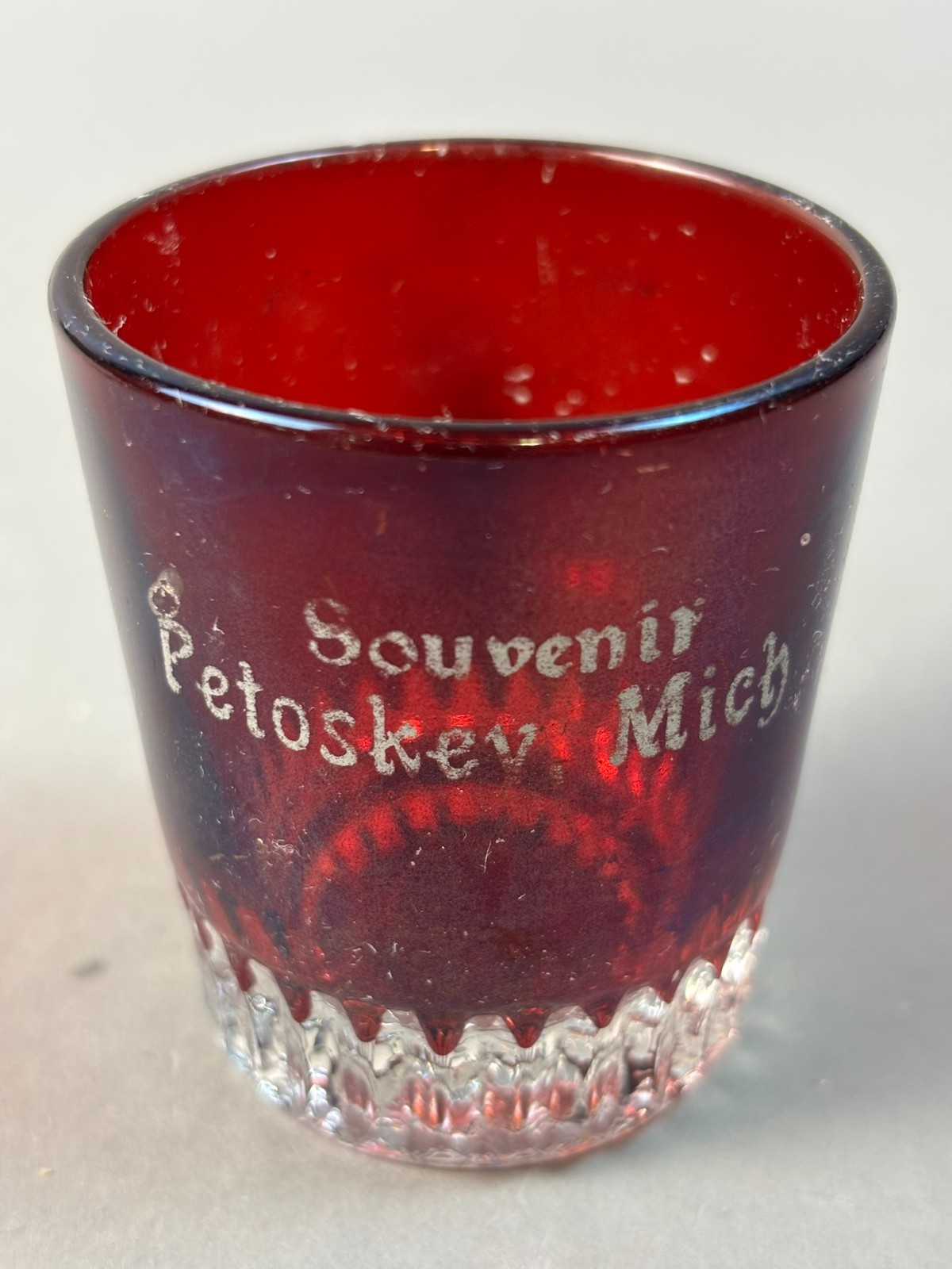 #542 Antique PETOSKEY Michigan Ruby Red Flash Souvenir Glass TOOTHPICK HOLDER