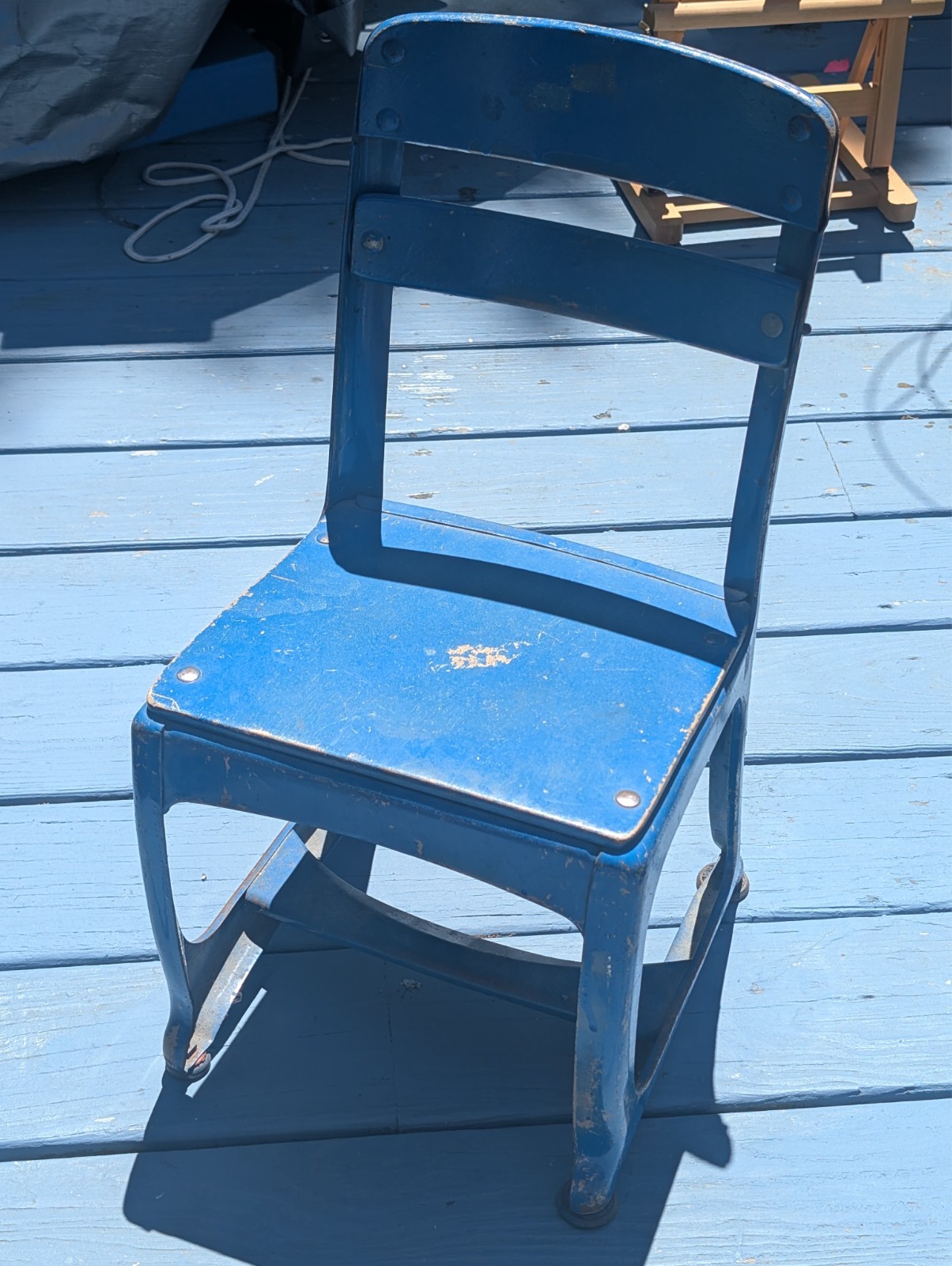 Vintage Industrial Blue Metal Child’s School Chair – 21″ H