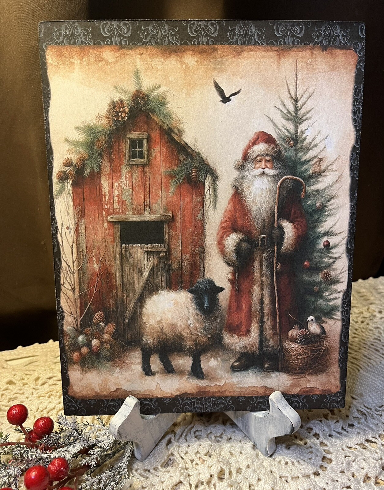 Santa, Sheep, Red Barn, Folk Art, Prim, Christmas Handcrafted Plaque / Sign