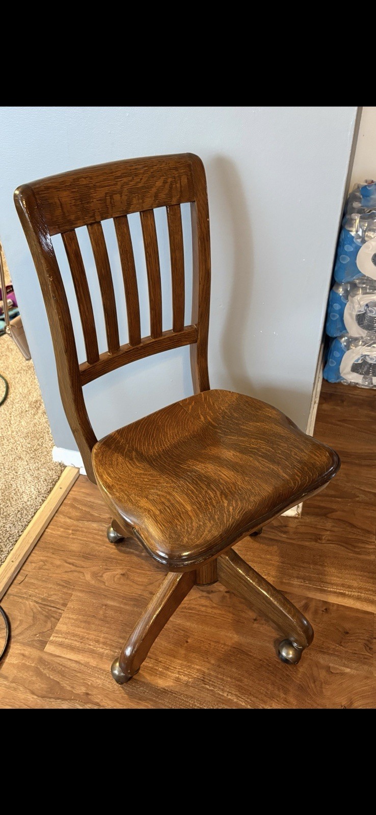 Antique Wooden Banker’s Chair Brown Swivel Wheels Home Office Traditional