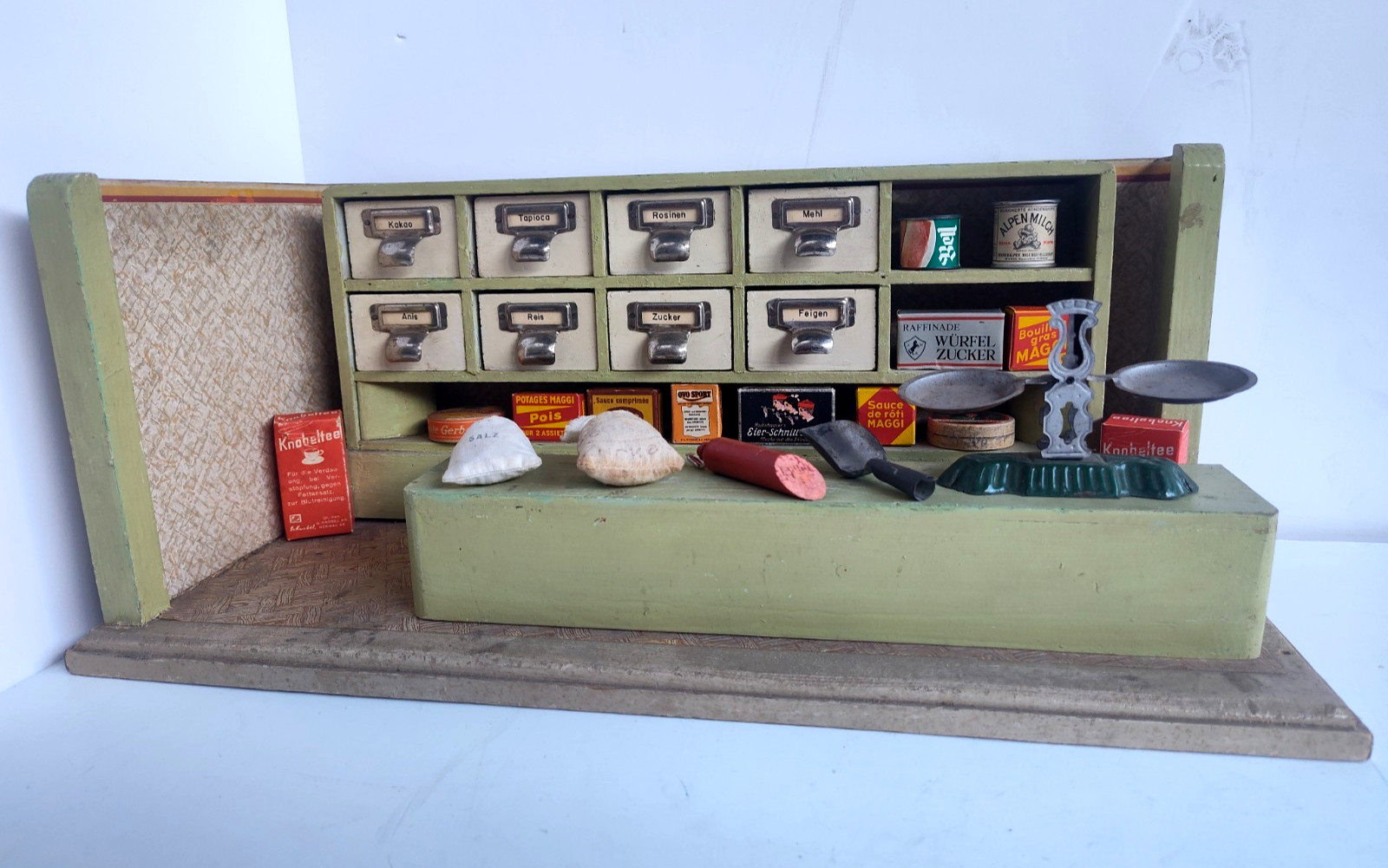 Vintage German Toy Kitchen Diorama Apothecary Drawers, Groceries, Counter (#2)