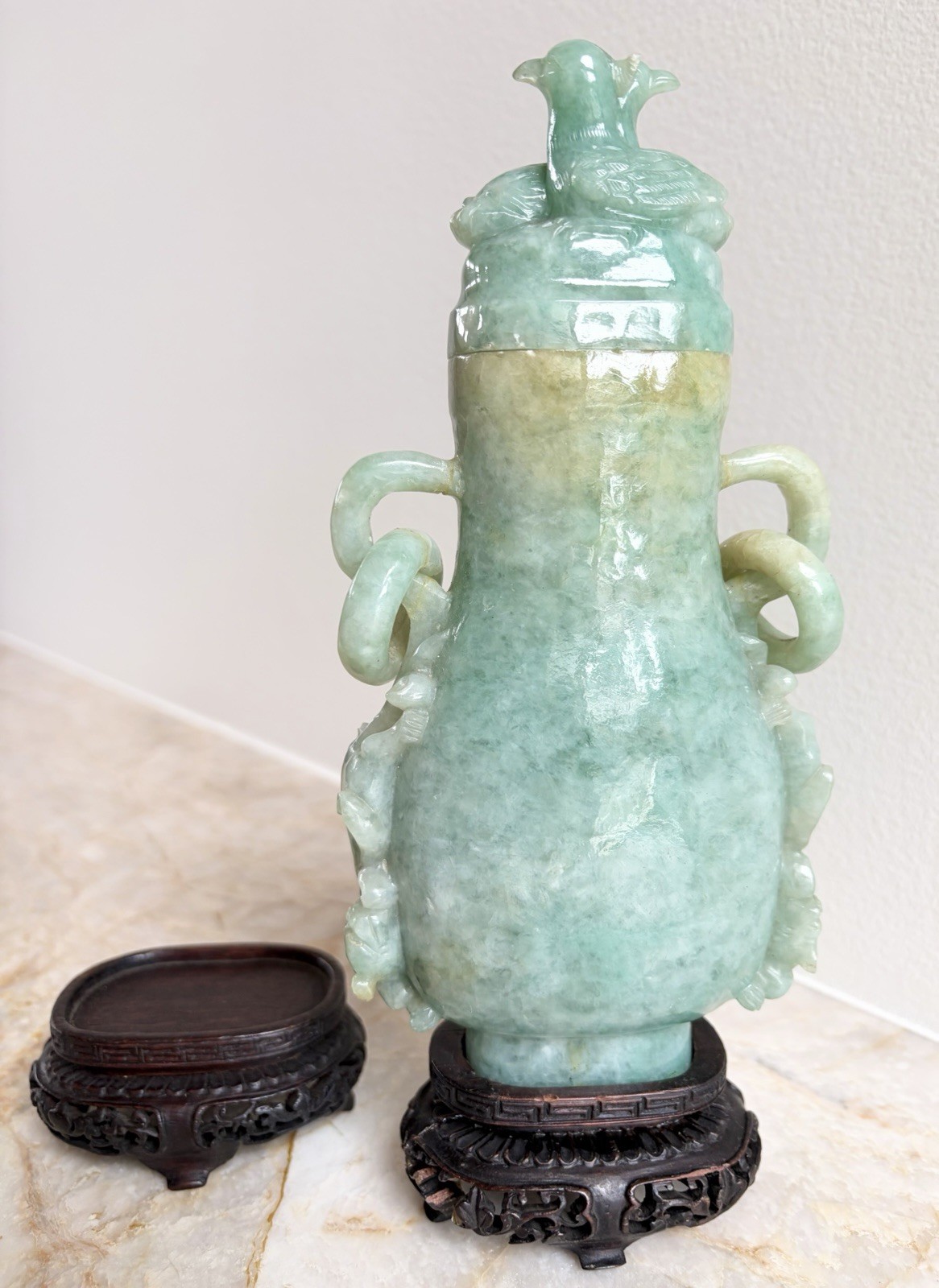 Antique Chinese Qing Dynasty Translucent Jade Lidded Pixiu Dragon Vase & Stand