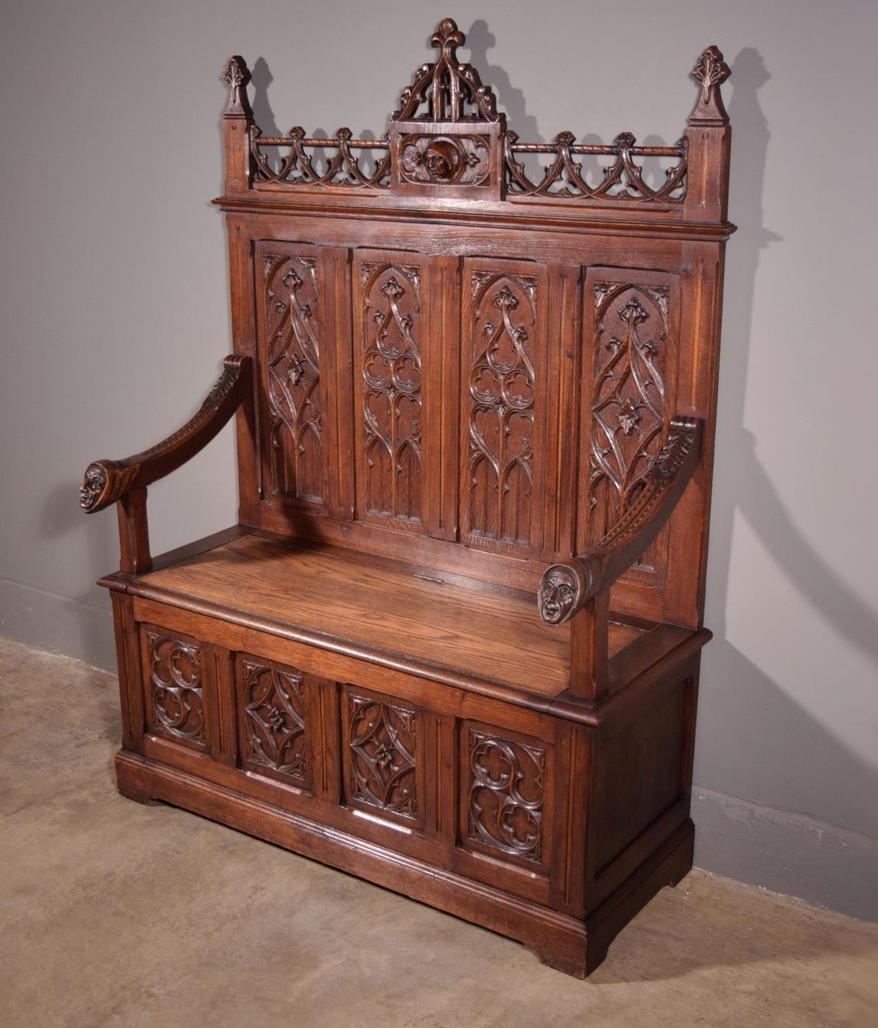 Antique French Gothic Revival Oak Wood Bench/Settee/Chair Highly Carved