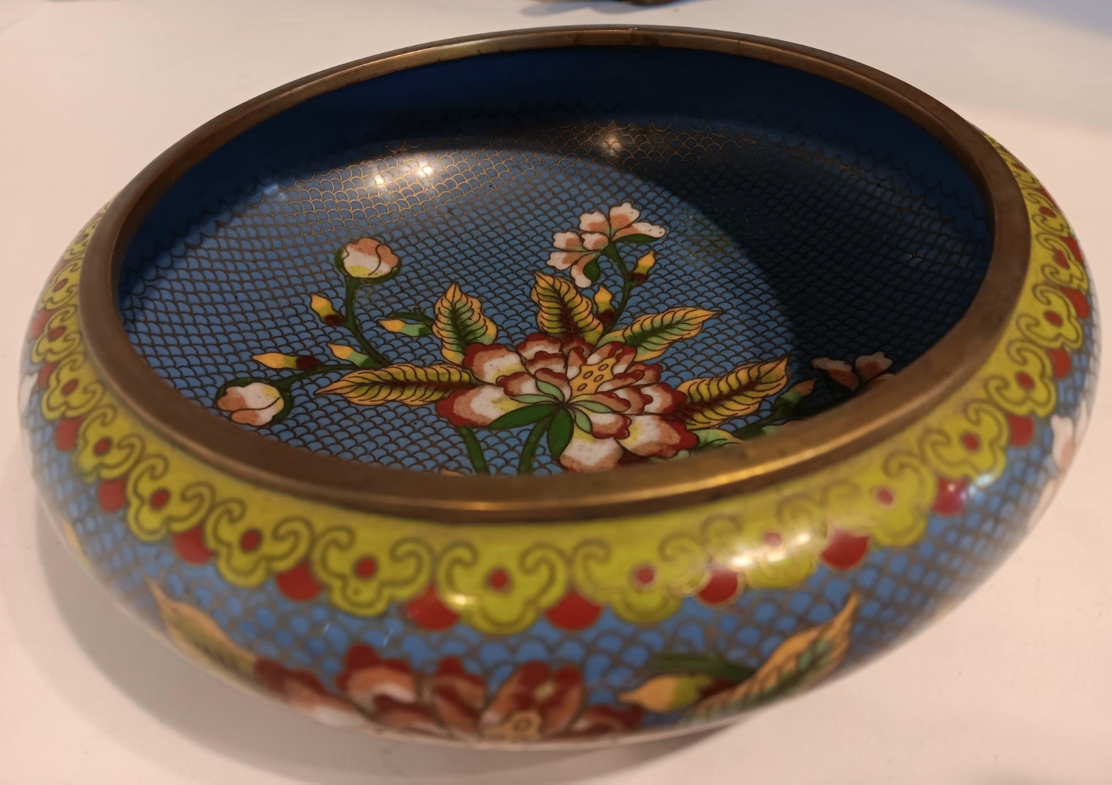 Signed Chinese vintage mid 20th century elaborate cloisonne enamel bowl Flowers