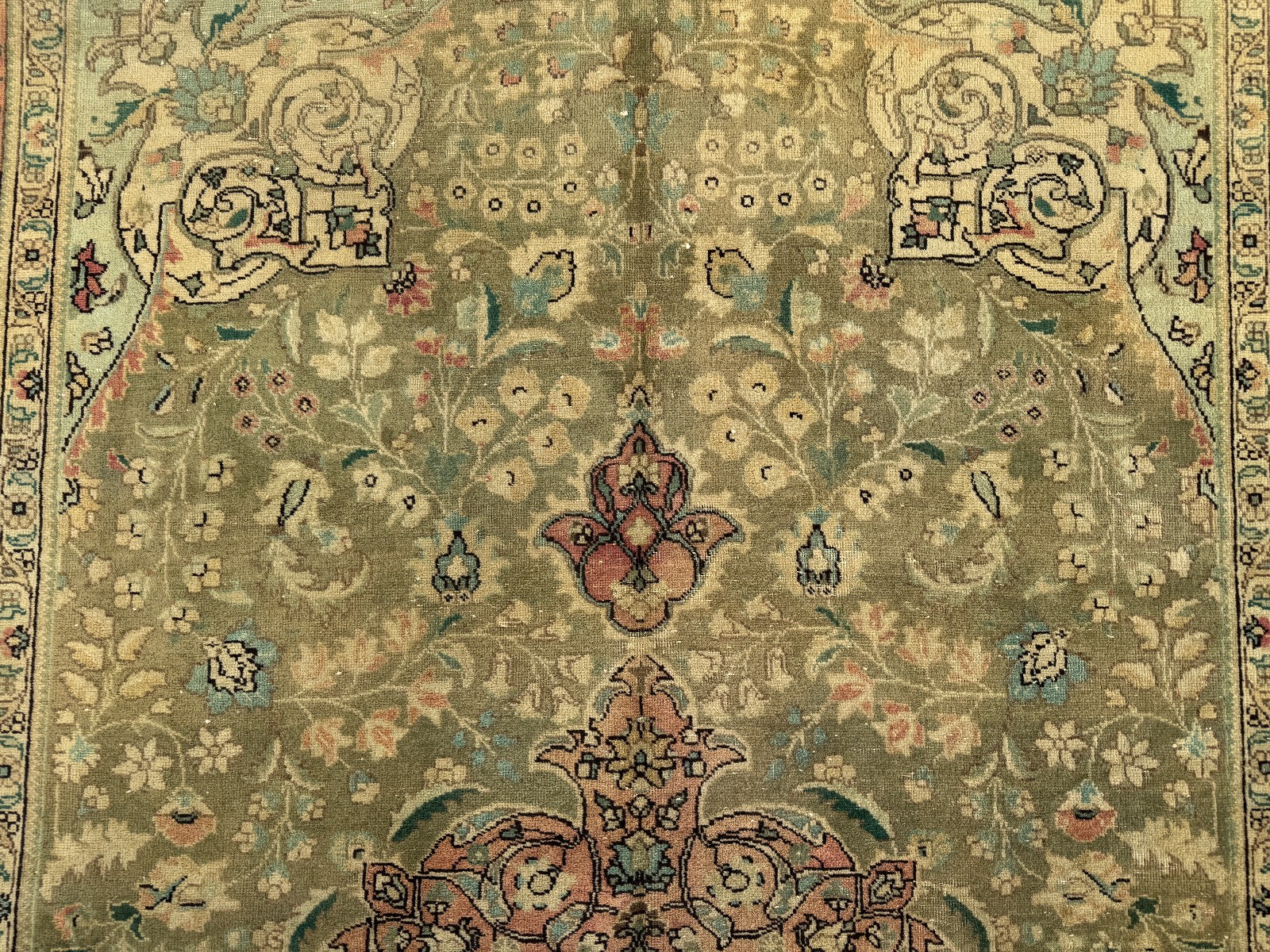 GREEN ANTIQUE RUG 7×10 OLD HANDMADE ORIENTAL VINTAGE hand-knotted muted 6×10 ft