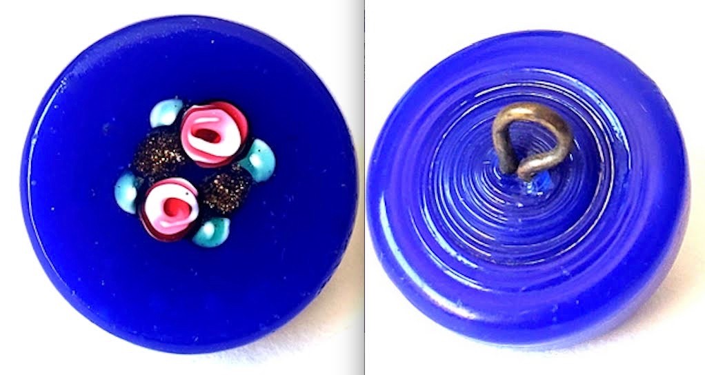 Blue Glass Swirlback w Glass Overlay Roses Antique Charmstring Button Mid 1800s