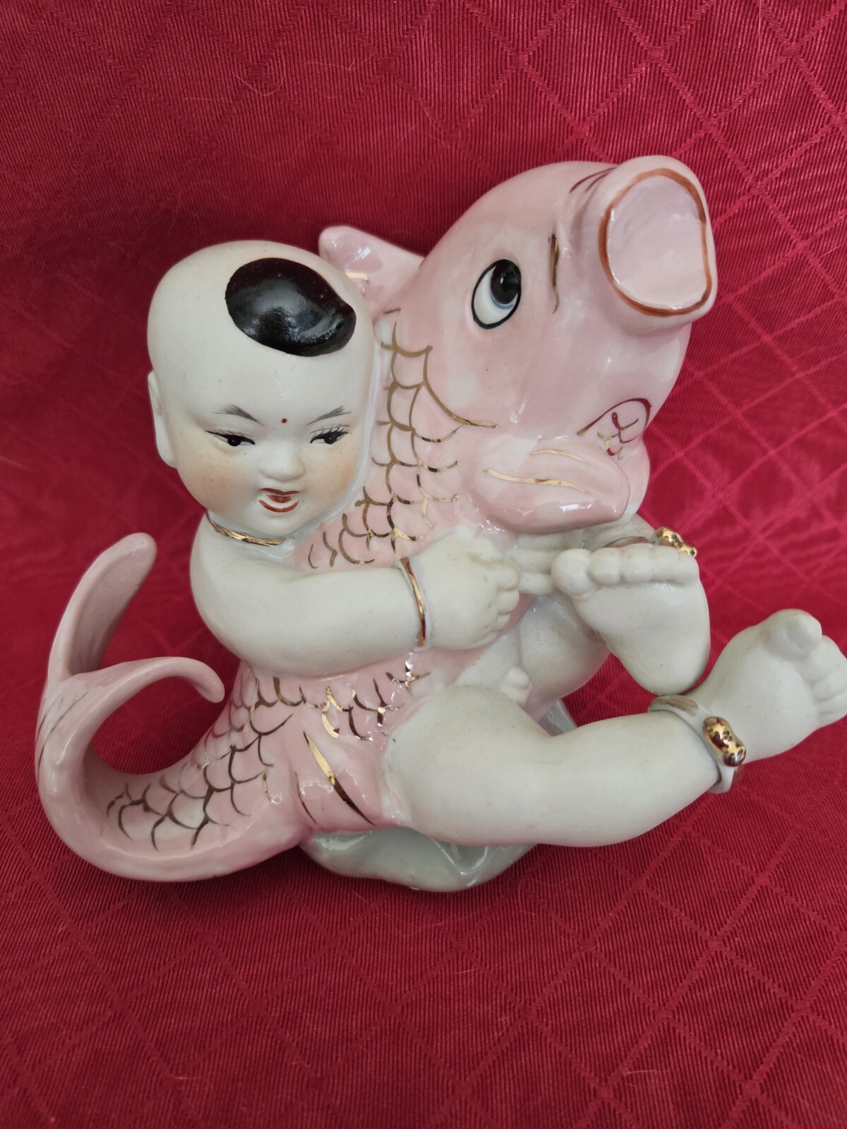 6.5” Tall 6″ Wide Porcelain Asian Chinese Boy Giant Koi Fish Pink Carp Rare