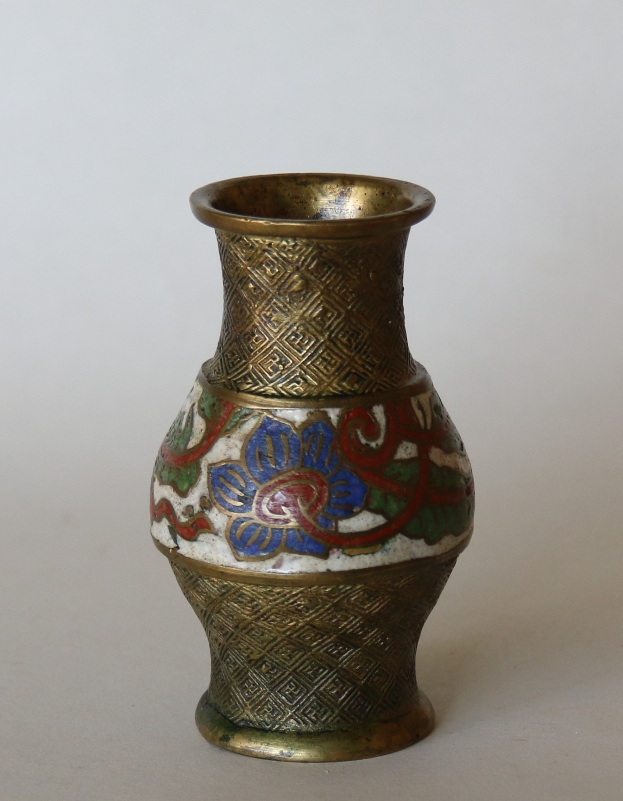 Antique Chinese Miniature Bronze Brass Champleve Enamel Vase 4in or 10cm Tall
