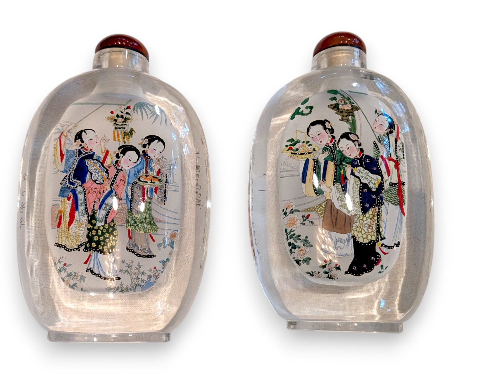 Set of 2 Vintage Chinese Inside Reverse Painted Glass Perfume Snuff Bottles 7”